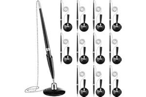 Zonon 12 Pieces Secure Pen with Chain Security Pen Holder Counter with Adhesive Chain and Base Black Ink for Reception Office Bank Work Hotel School Lobbies Retail Stores Home Supplies