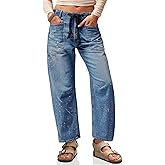 Cicy Bell Womens Baggy Barrel Horseshoe Jeans Wide Leg Drawstring Vintage Denim Pants with Front Pockets