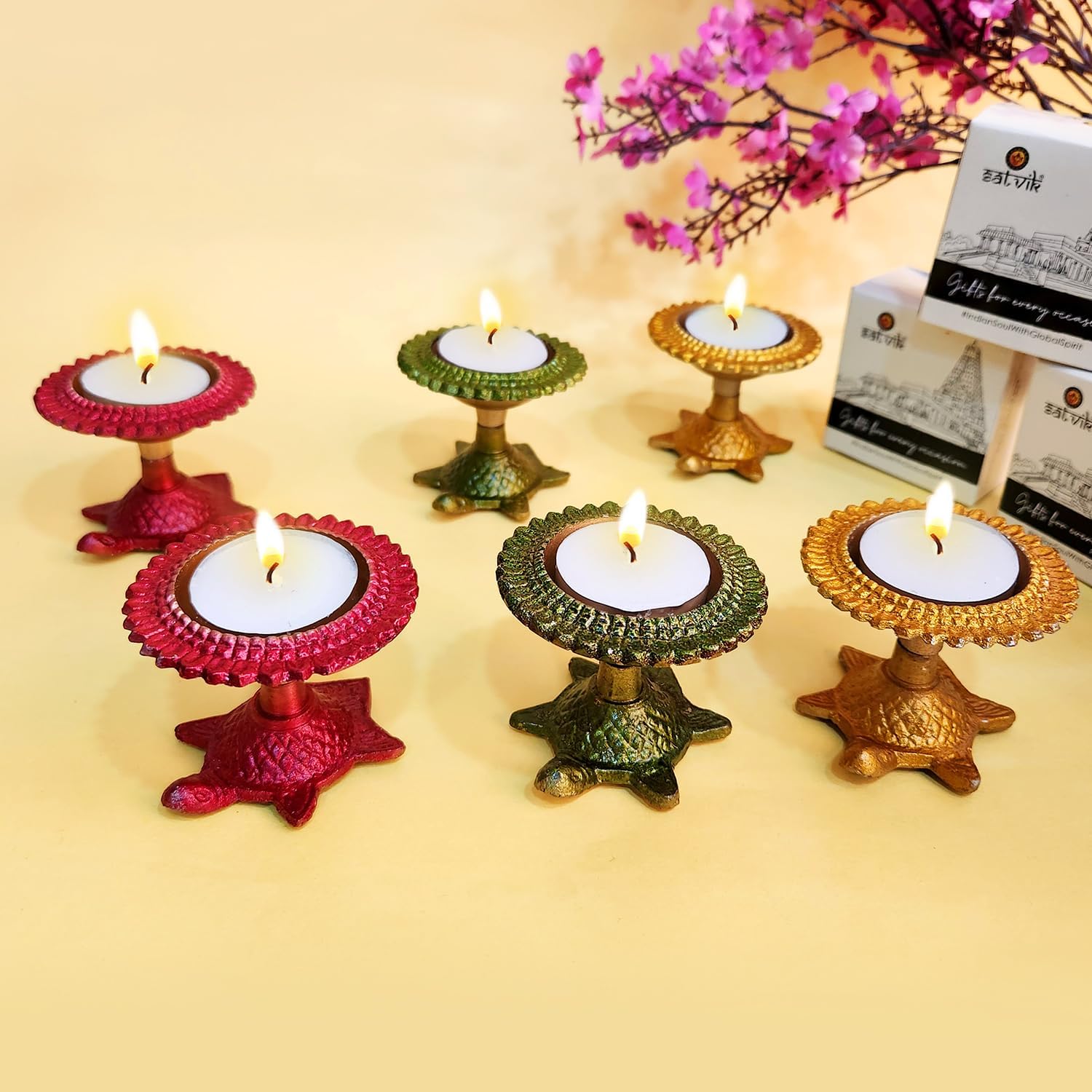 Oil Lamps & Accessories - SATVIK 12 Pcs Multicolor Turtle Diya Metal Table Dia Laxmi Candle Tea Light Holder Diwali Indian Traditional Décor Home Mandir Office Decoration Housewarming Return Gift Items