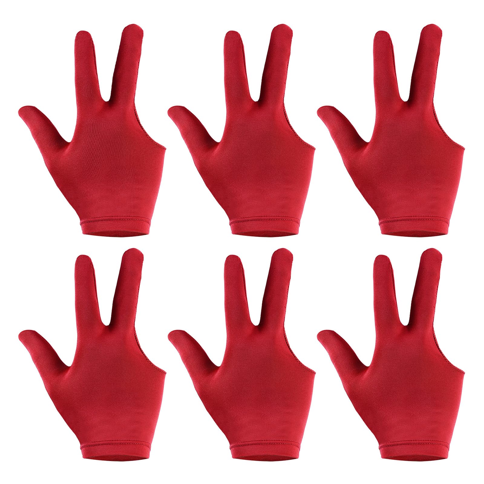 PATIKIL 3 Fingers Pool Gloves, 6 Pcs Breathable Billiards Gloves Shooter Snooker Cue Glove for Left Right Hand Men/Women Carom Sports, Red
