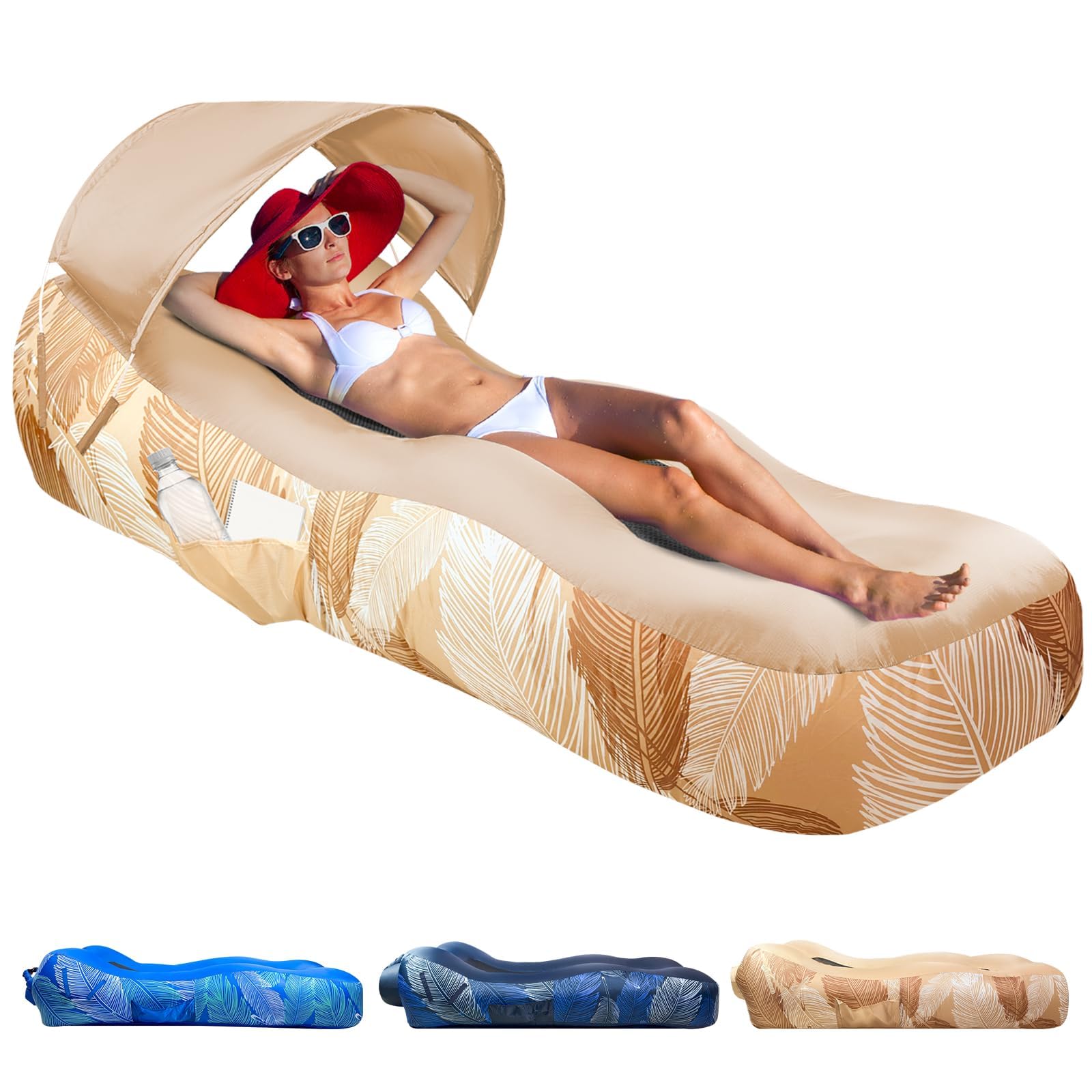 Photo 1 of Mosoyolo Inflatable Lounger Air Sofa with Sun Shade Cover Waterproof Inflatable Couch Chair for Camping Beach Hiking Backyard, Easy to Set Up Inflatable Couch (Khaki)