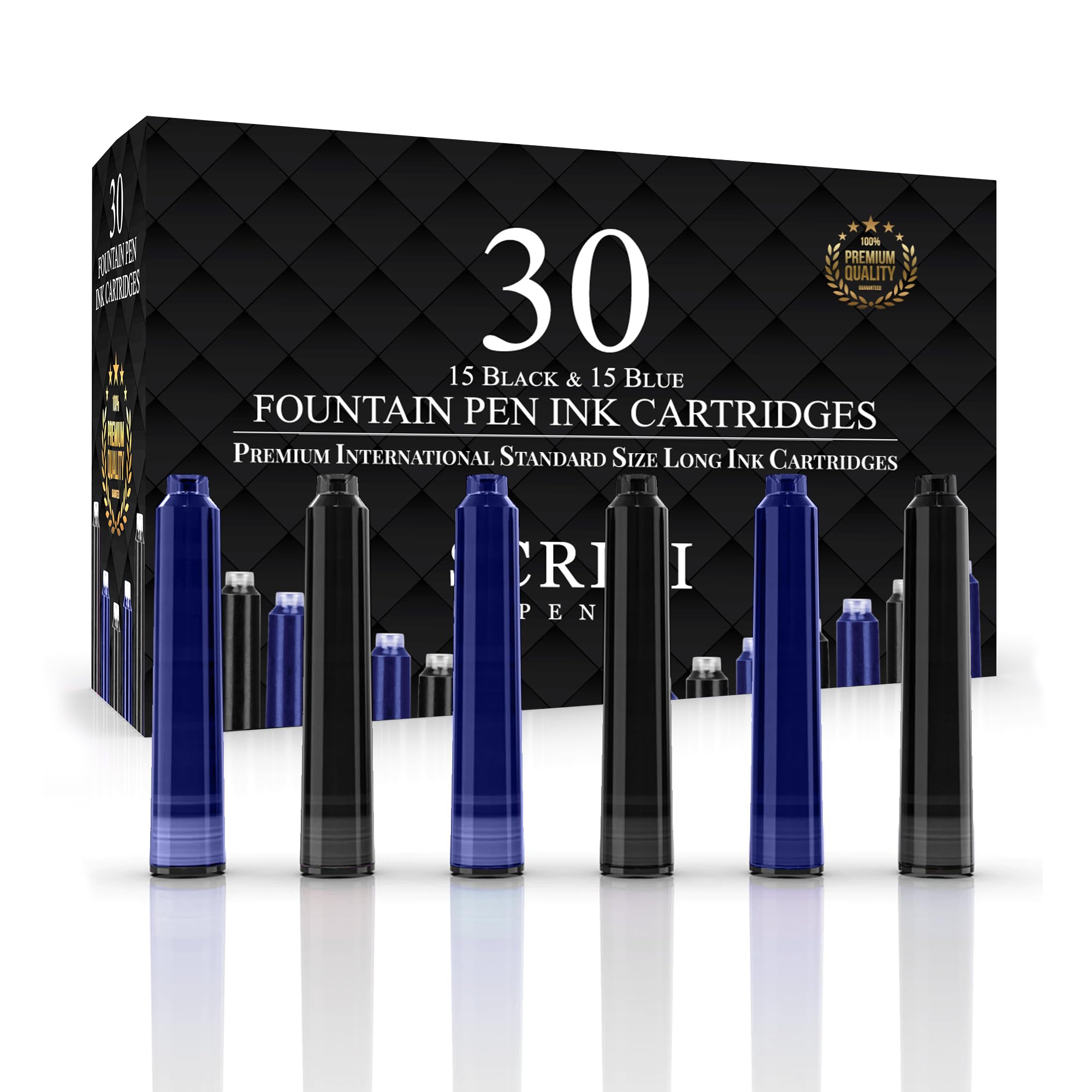 SCRIVI PENS Fountain Pen Ink Refills - Set of 30 Black & Blue Ink Cartridges - International Standard Size - Length APPR 2.04 Inch - Base Diameter APPR 0.24 Inch - Disposable and Generic