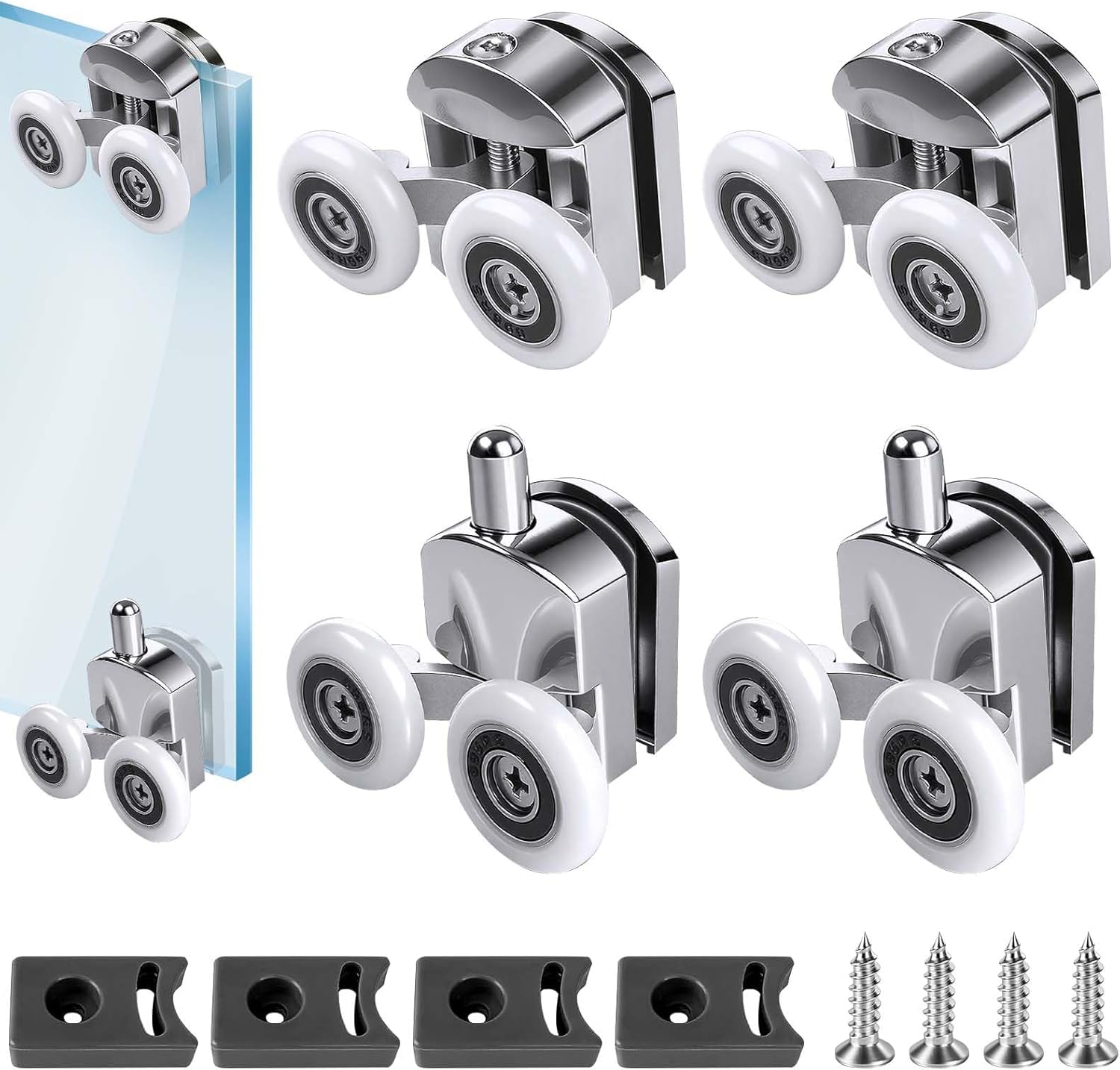 Linwnil Shower Door Rollers 23mm, 4pcs, Chrome, 4-6mm Glass Thickness, 12-14mm Aperture, Anti-Collision Block, Stainless Steel Screws