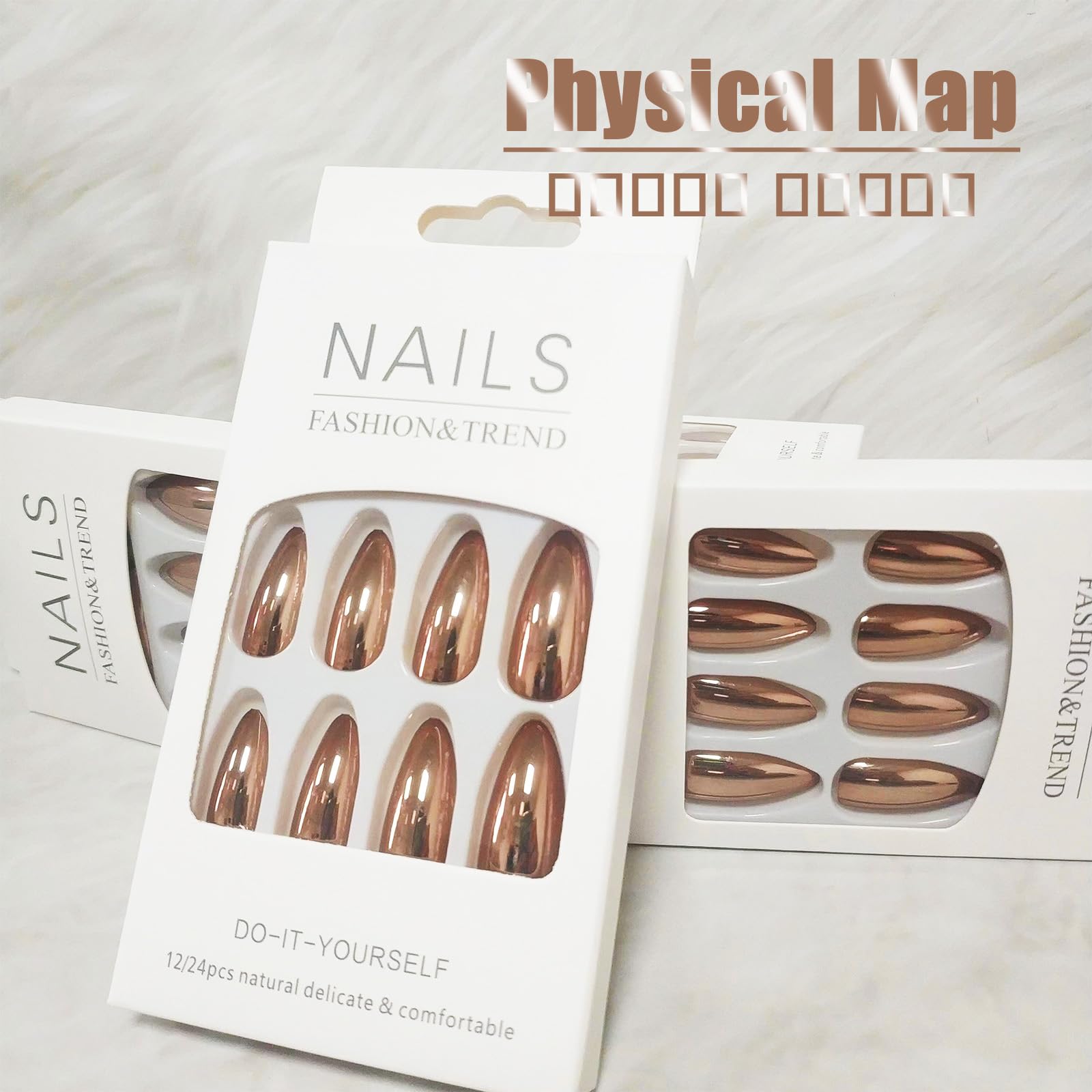 Bronze Chrome Press on Nails Medium Almond, Stiletto Fake Nails with Bling Design, Glossy Mirror Metal Acrylic False Nails Stick on Nails for Women Girls, Gel Glue on Nails for Daily Party Wear - Image 3