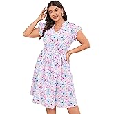 BLUEMING Women's Plus Size Summer Floral Dress V-Neck A-Line Cap Sleeve Belted Waist Midi Dress with Pockets
