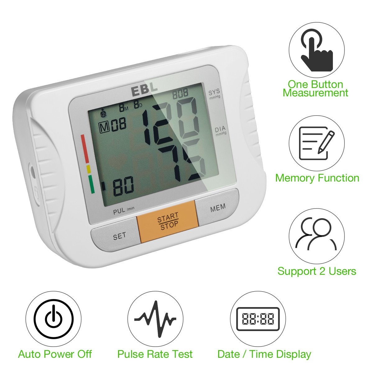 EBL Blood Pressure Monitor for Professionals and Home Users, Upper Arm Blood Pressure Monitor with Large LCD Display, Heartbeat Detector Memory Store Last 180 Readings