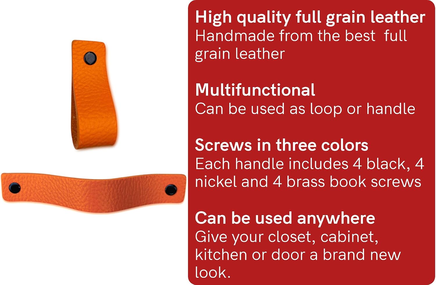 Brute Strength, Leather Handles for Furniture, Orange, 6 pcs, 16,5 x 2,5 cm, Cabinet Handle, Door Handle for Kitchen Bathroom - Image 3