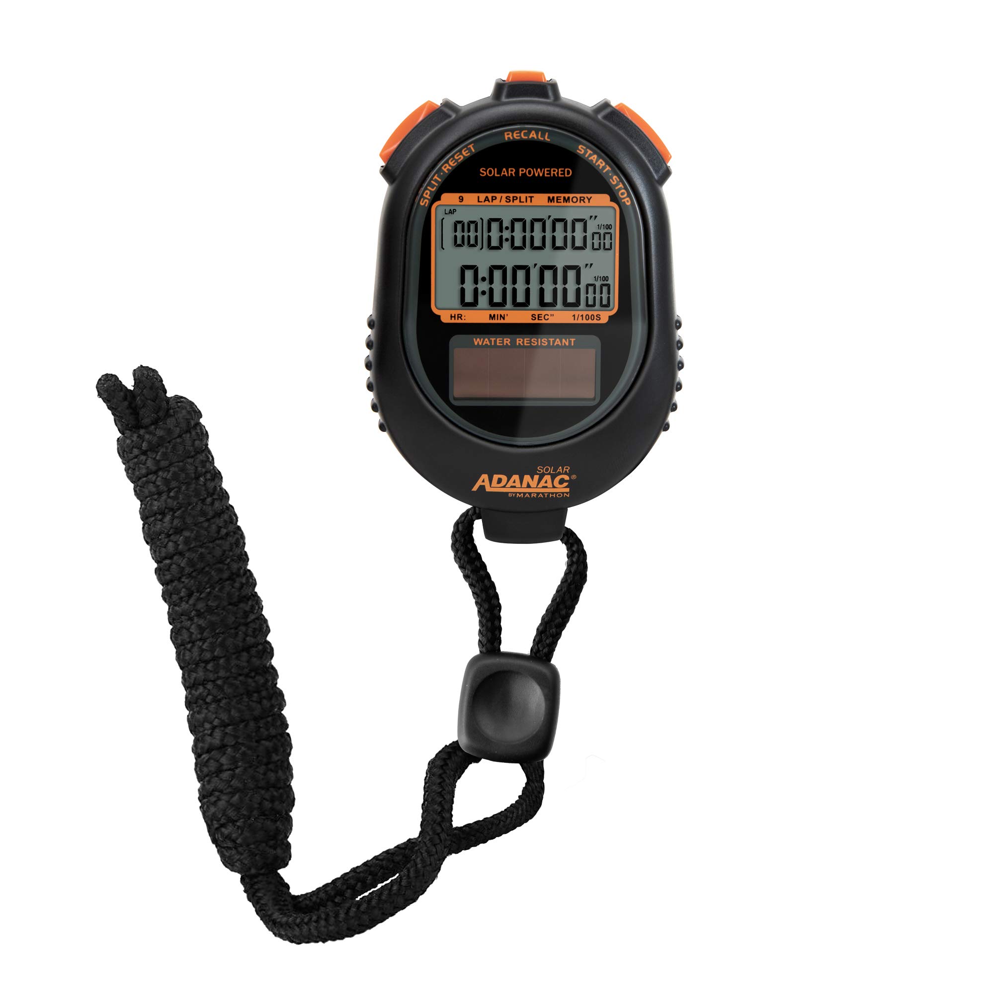 Marathon Adanac Dual Power Solar Stopwatch Timer (Color - Black) - Lap and Split Recall Memory Display - Easy to Ready - Energy Saving- Water Dust and Shock Resistant - For Fitness Sport Coaches