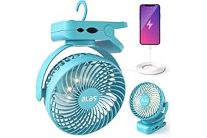 BLBS Camping Fan with LED Light - 12000mAh 65Hrs Battery Powered, Portable Rechargeable, Use As Power Bank, Clip On, Tent Fan for Camping, Camp Fan for Tent, Ceiling Fan for Tent RV Bed, Blue