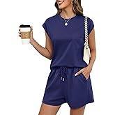 LOMON Two Piece Shorts Sets for Women Vacation Trendy Lounge Sets Crew Neck Matching Sets Cap Sleeve Airport Suits