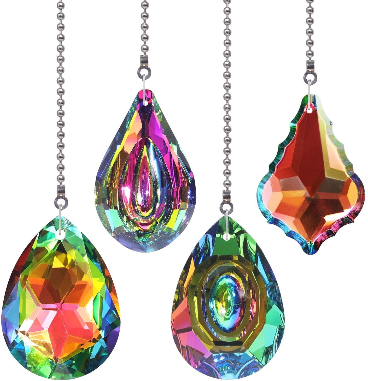LONGSHENG 4PCS Coating Jewelry Crystals Suncatcher Celling Fan Pull Chain, Maple-Leaf Drops Crystal Ball Prisms Pendants Hanging for Home Office Garden Decor