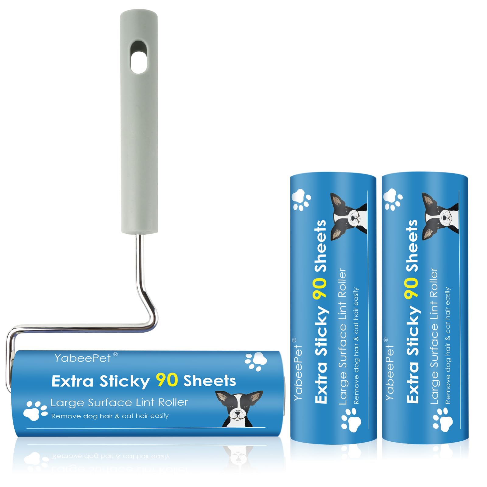 YabeePet Extreme Sticky Large Surface Lint Roller, Long Handle Pet Hair Remover, Designed for Removing Pet Dog Cat Hair 90 Sheets per Roll, 6.3 inch Width (1 Roller+2 Refills)