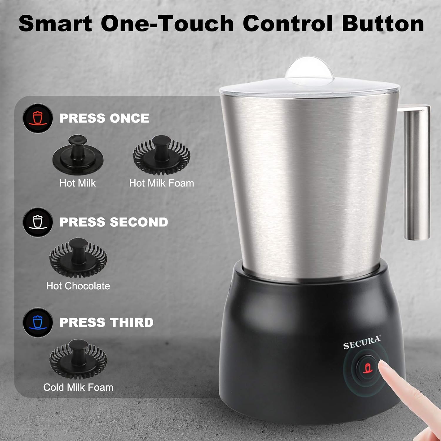 Secura 4 in 1 Electric Automatic Milk Frother and Hot Chocolate Maker Machine 17oz/500ml Foam Stainless Steel Dishwasher Safe Cordless Detachable Milk Jug: Kitchen & Dining