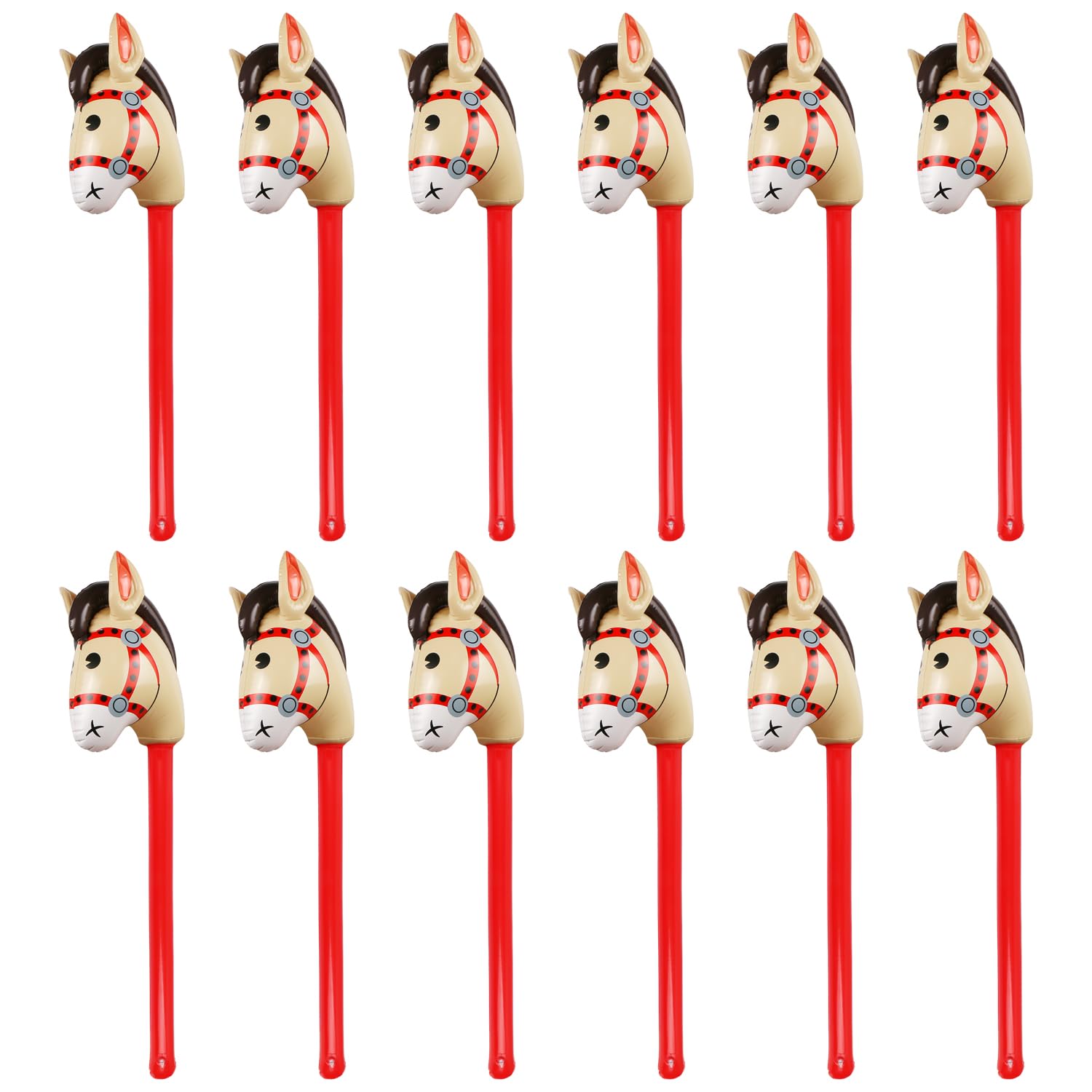 Photo 1 of 12PCS Inflatable Stick Horse,Blow Up Horse Head on Stick Pony Costume Western Cowboy Cowgirl Baby Shower Birthday Party Decorations Halloween Supplies Favors Props, 38 Inches (Red)