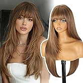 ENTRANCED STYLES Brown Mix Blonde Wig with Bangs for Women Long Brown Highlight Straight Layered Wig Synthetic Hair for Daily Party Use 26 Inch