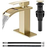 GBBNE Waterfall Bathroom Faucet 1 Hole, Single Hole Bathroom Faucet, Single Handle Vanity Sink Faucet with Deck Plate, Pop-up Drain & Supply Lines, Brushed Gold
