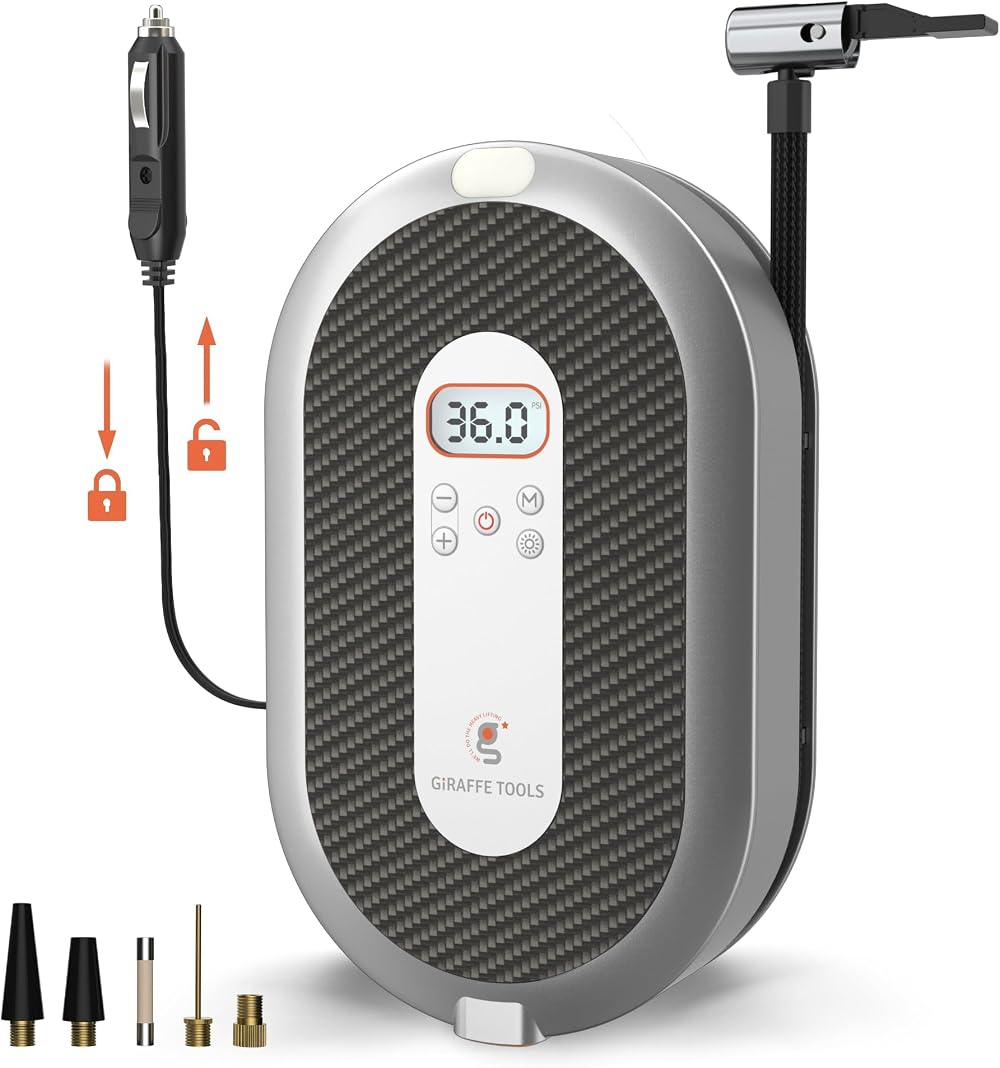 Giraffe Tools Retractable 12V Car Tyre Inflator with Gauge & Adapters