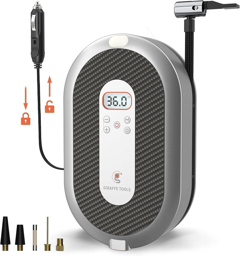 Giraffe Tools Retractable 12V Car Tyre Inflator with Gauge & Adapters