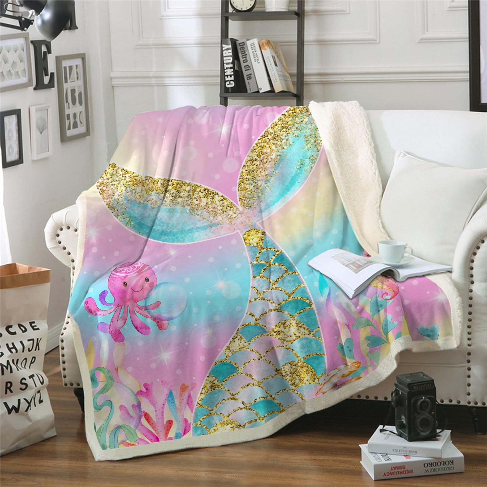 HAVOP Mermaid Blanket Throw Kids Girls Sharpa Fleece Blankets Throws Pink Sharkling Glitter Mermaid Tail Sea Animal Print Blanket Room Decor