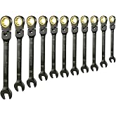 ironcube 11-Piece SAE Flex-Head Ratcheting Wrench Set with Tool Roll | CR-V Steel, Black Finish,Portable for Mobile Mechanics, Easy to carry and ideal for servicing tight engine bays on the go