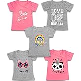 Girls 5-Pack Printed T-Shirts, Pink Grey Short Sleeve, Crew Neck. Unicorn, Panda, Selfie, Rainbow. Cute Designs (Combo A, 7/8)
