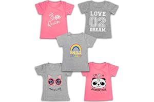 MISS POPULAR Girls 5-Pack Printed T-Shirts, Pink Grey Short Sleeve, Crew Neck. Unicorn, Panda, Selfie, Rainbow. Size 4-16