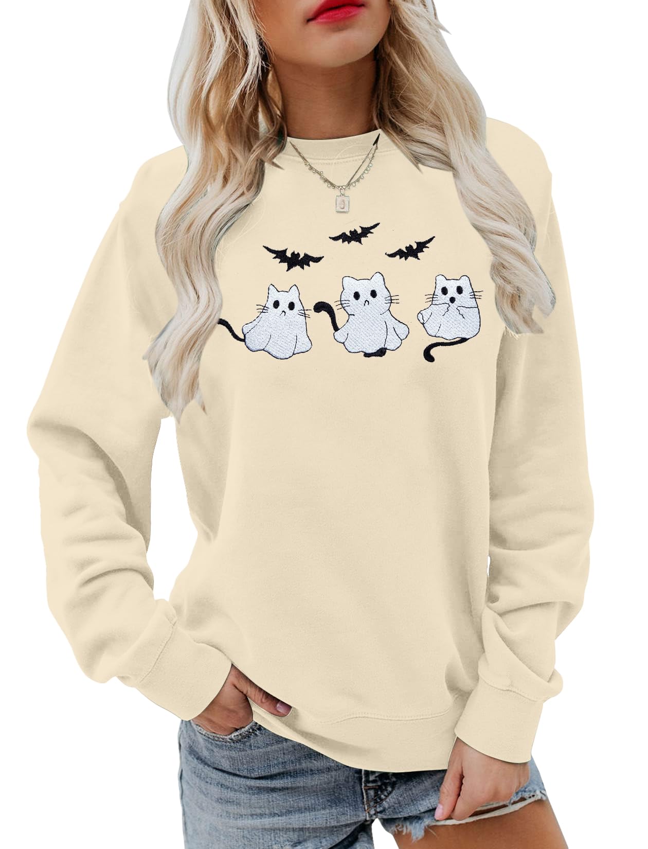 Whimsical Ghost and Cat Cropped Fleece Pullover for Women