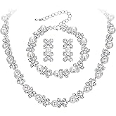 BriLove Wedding Bridal Simulated Pearl Necklace Bracelet Earrings Jewelry Set for Women Crystal Flower Collar Tennis Drop Clear Silver-Tone