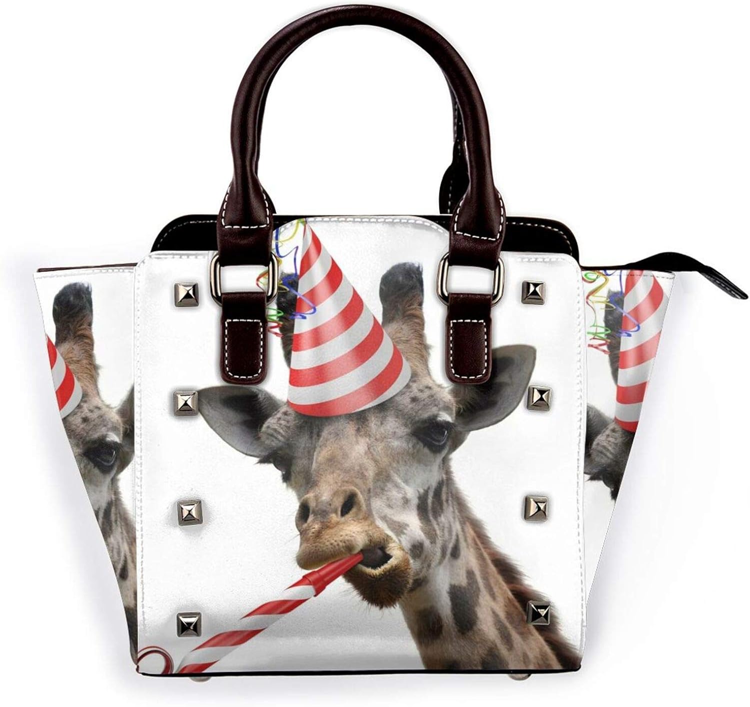 Funny Giraffe Women Pu Leather Rivet Tote Shoulder Bag Studded Satchel