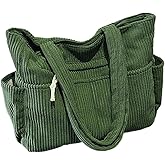 Jwqqwdza Corduroy Tote Bag for Women, Multiple Pockets Large Hobo Shoulder Bag for Office & Shopping, Zipper Casual Handbags