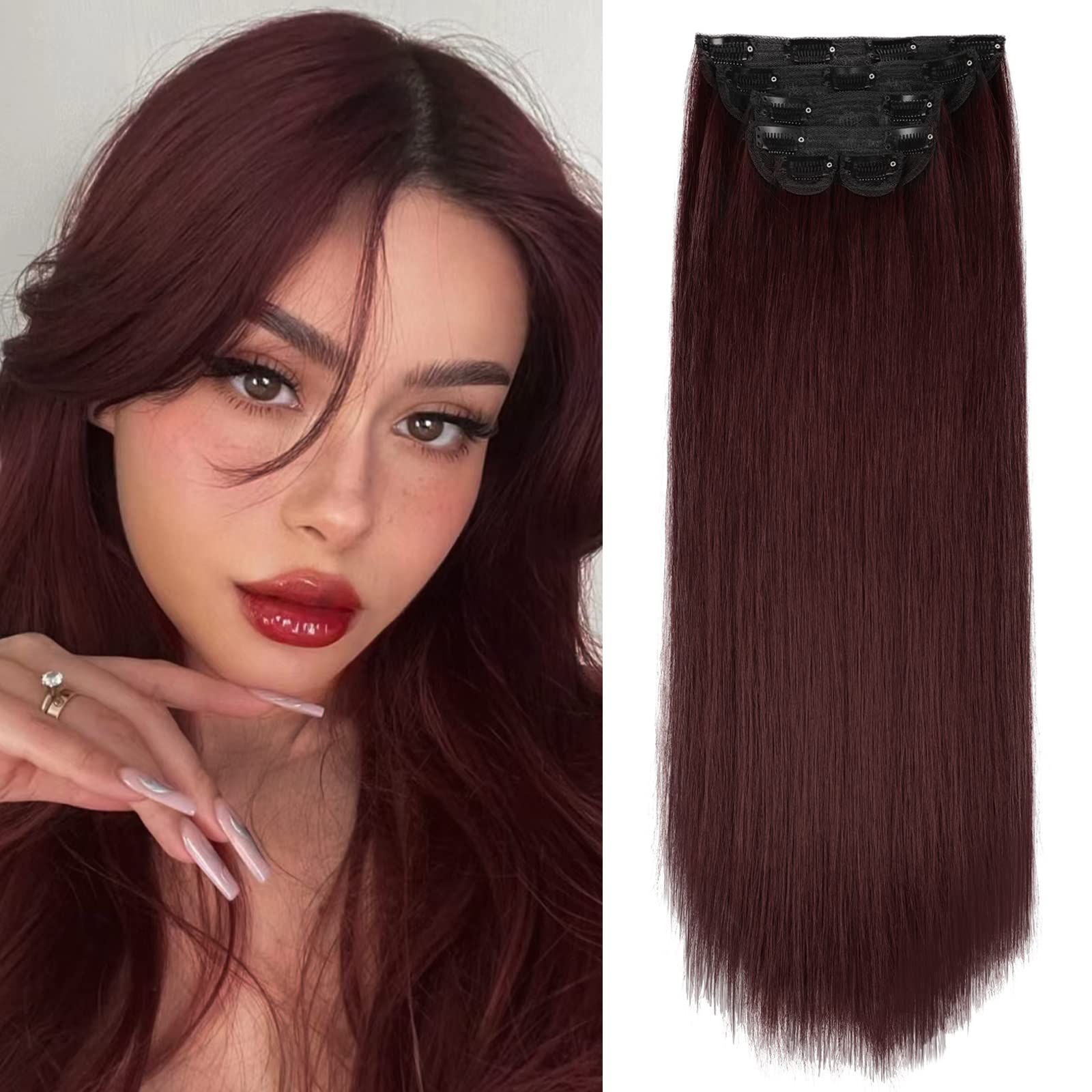 Photo 1 of WECAN Straight Clip in Hair Extension Wine Red 22 Inch 6PCS Long Straight Hairpieces for Women Thick Synthetic Fiber Double Weft Hair Full Head