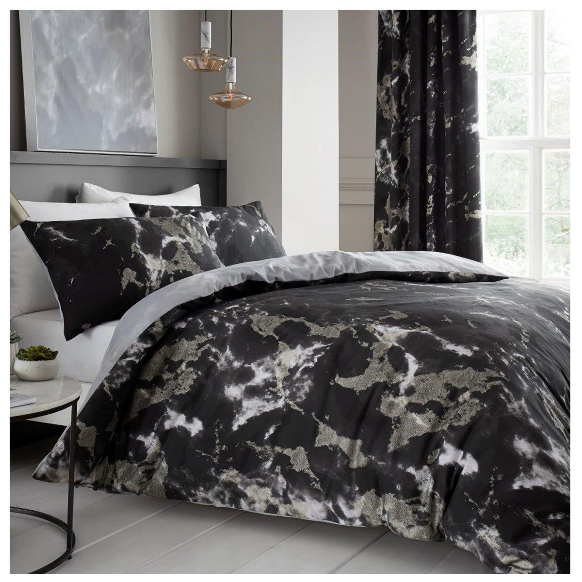 GC GAVENO CAVAILIA Easy Care Marble Duvet Cover, Reversible Soft & Cosy Quilt Bedding Set, Bedroom Accessory, Black, Kingsize, Polycotton, King