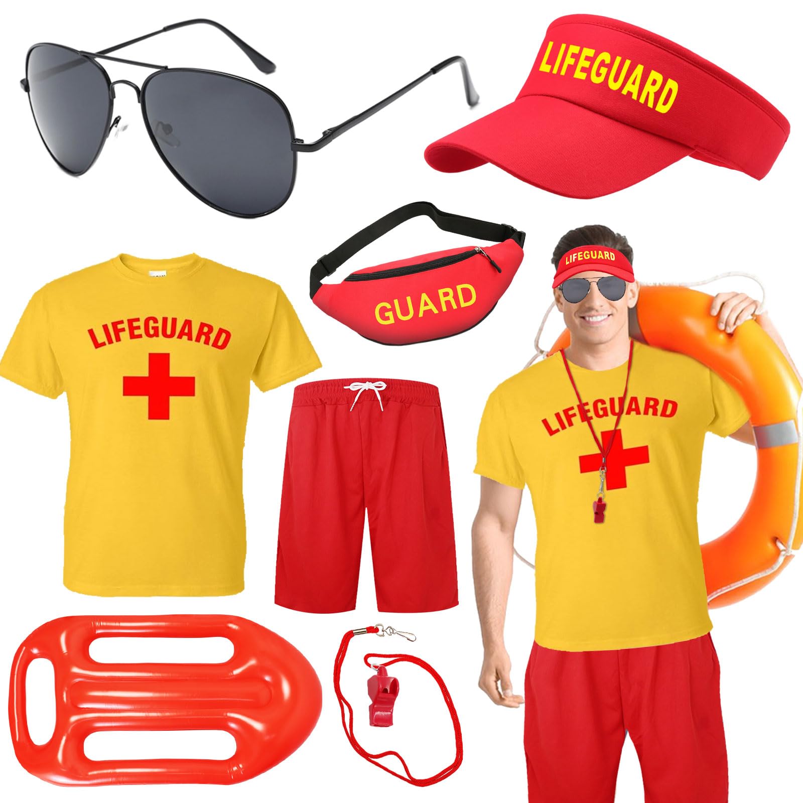 Acehome Lifeguard Fancy Dress Set for Men, Lifeguard Costume Outfits with T-Shirt Shorts Hat Glasses Whistle for Adult Party Dress Up (XXL)