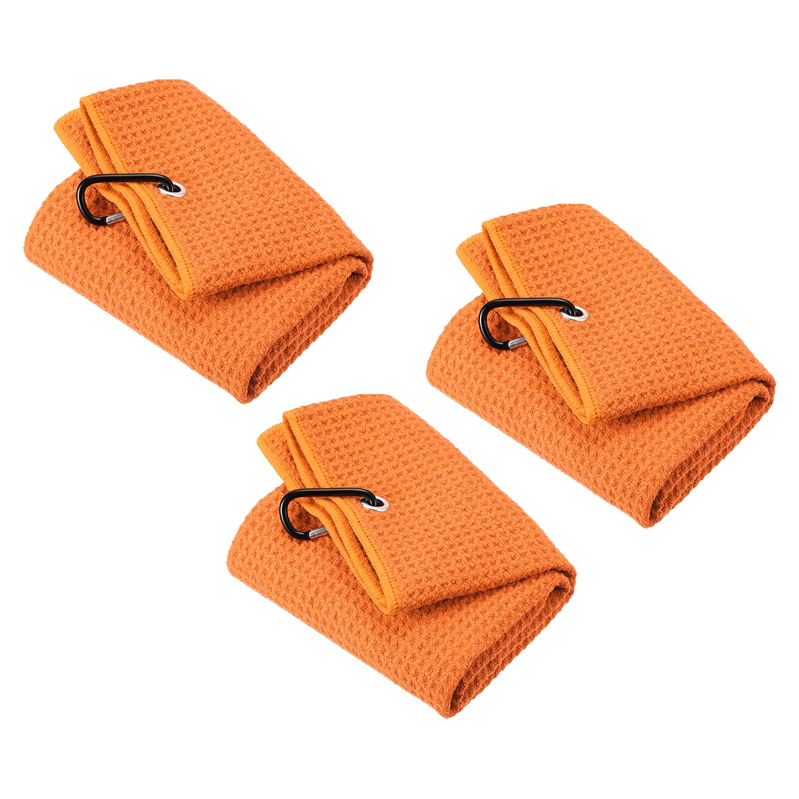 PATIKIL 24"x16" Tri-Fold Golf Towels, 3 Pack Waffle Pattern Towels Soft Fiber Strong Water Absorption with D Clip for Golf Lovers, Orange