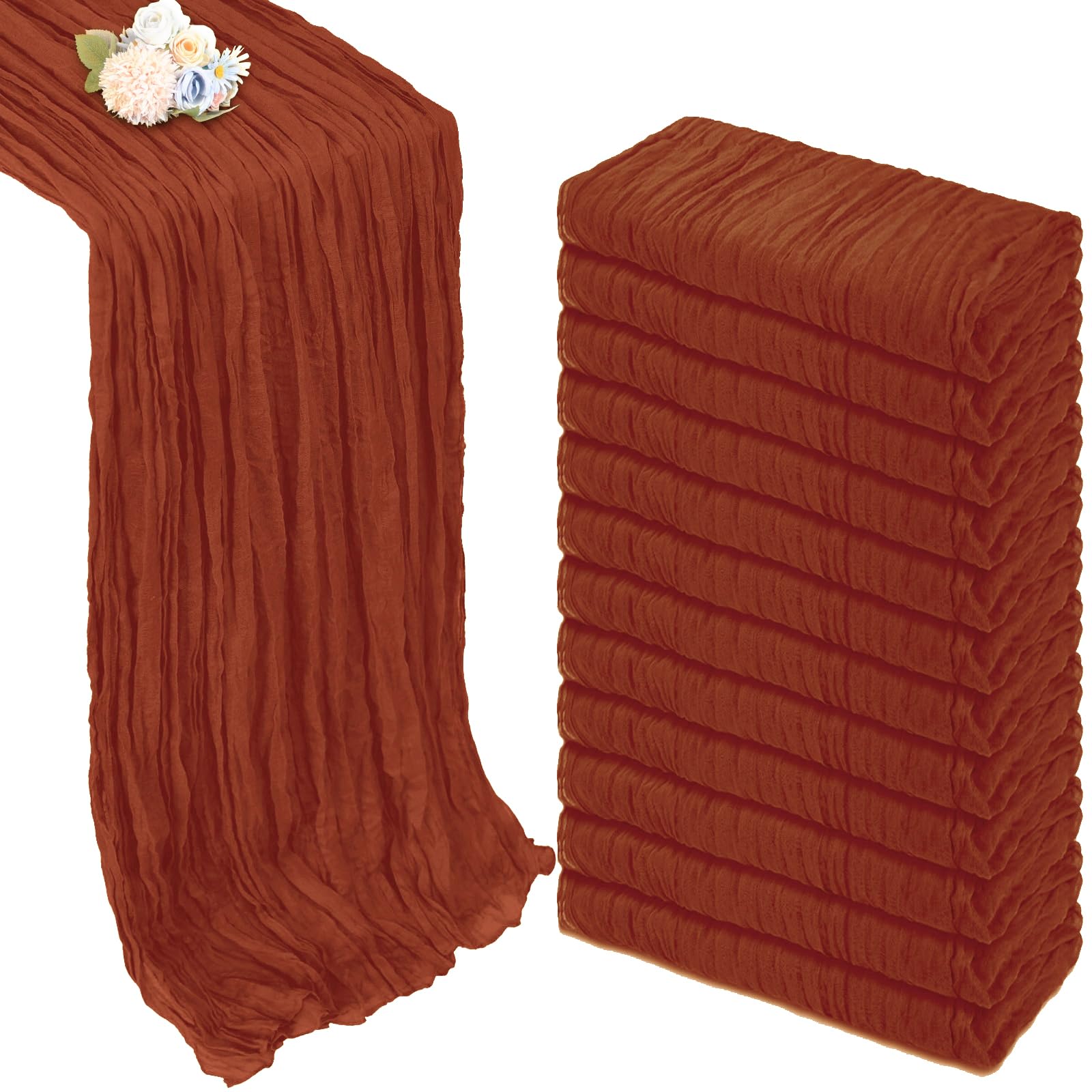 12 Pack Table Runner Terracotta Cheesecloth 10ft Boho Gauze Fabric Cheese Cloth Burnt Orange Table Runner 35 x 120 Inch Rustic Sheer for Holiday Baby Shower Home Décor Party Wedding Decoration Image