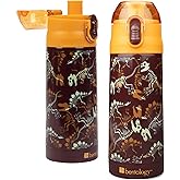 Bentology Stainless Steel 13 oz Reusable Water Bottle for Kids, Dinosaur - Double Wall Insulated, Spill Proof Lid w/Built-in Straw- Keep Liquids Hot or Cold For Hours- Fits in Lunch Boxes & Bags