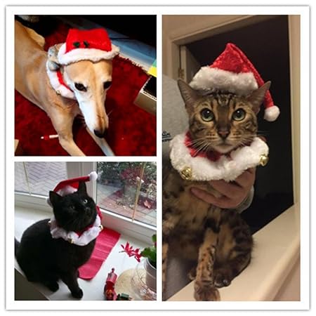 2pcs Hund Katze Weihnachten Halsbänder und Hut Kragen mit Glocke Weihnachtshüte Halsband Krawatte Weihnachten Kostüm Set