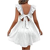 MakeMeChic Women's Boho Mini Dress Square Neck Cap Sleeve Knot Back Flowy Beach Vacation Summer Dresses
