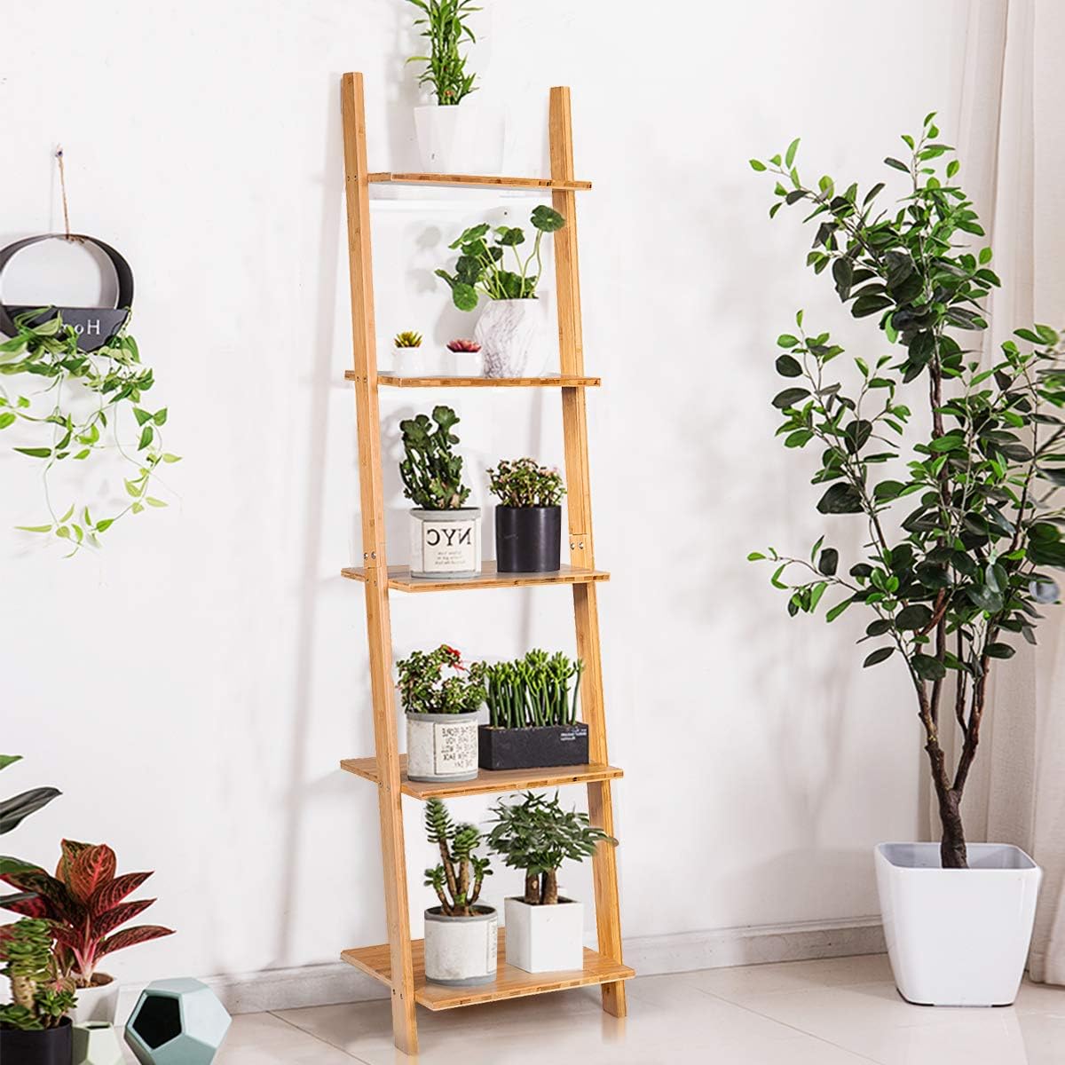 Tangkula 5-Tier Ladder Shelf Bookshelf, Natural Bamboo Wall-Leaning Bookshelf, Plant Flower Stand, Storage Display Shelves for Living Room Bathroom Office, Multifunctional Ladder Bookcase (Natural): Kitchen & Dining