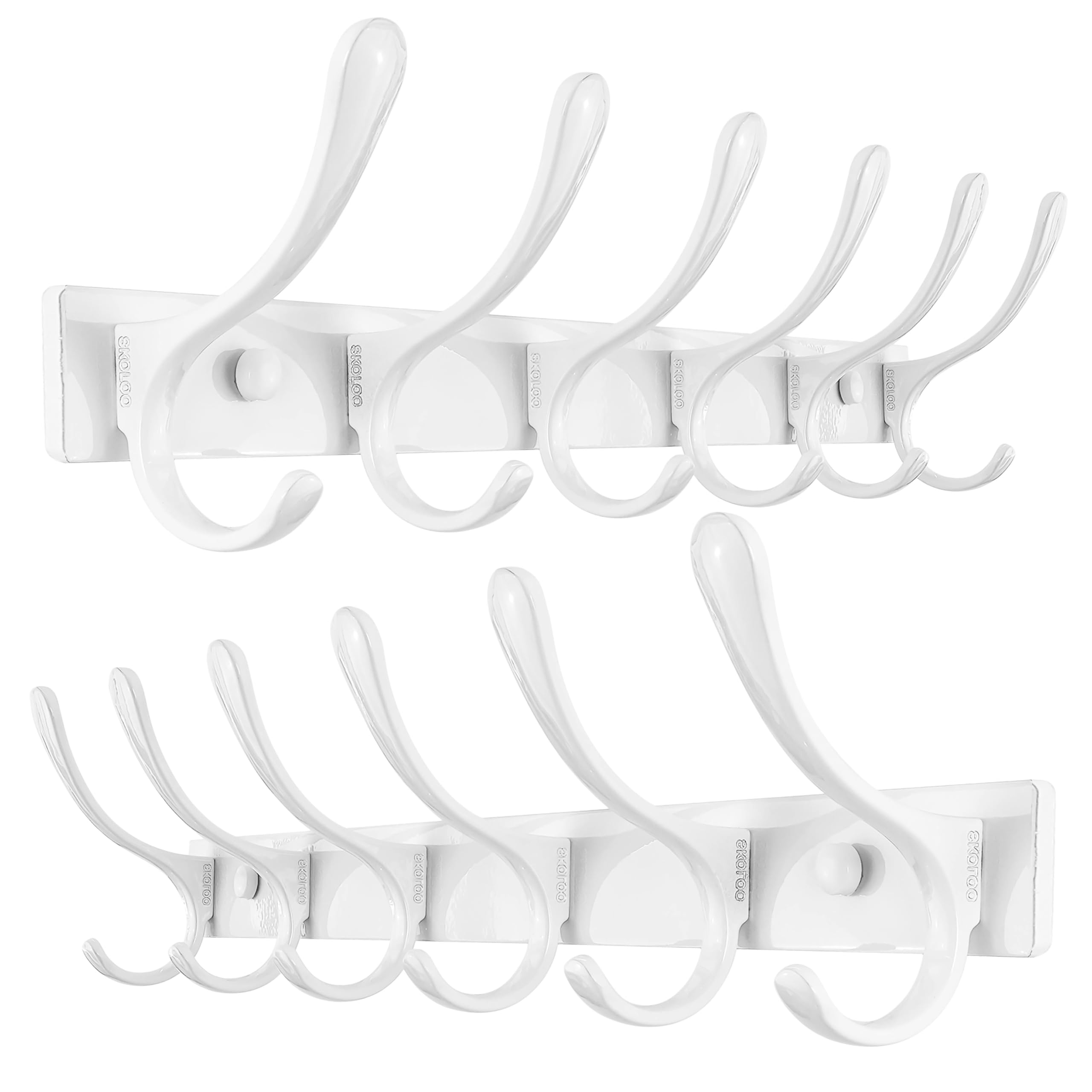 SKOLOO Coat Rack Wall Mounted - 6 Hooks, Pack of 2, Heavy Duty, Stainless Steel, Metal Wall Coat Hanger, Sturdy Wall Hooks for Hanging Coat, Jacket, Clothes, Hat, White