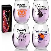 CNVOILA Halloween Wine Glass Set: Stemless Wine Glass, Halloween Shot Glasses, Wine Glasses, Drinking Glasses- HOCUS POCUS & WITCHES BREW, 18oz, Dishwasher Safe - 4pc