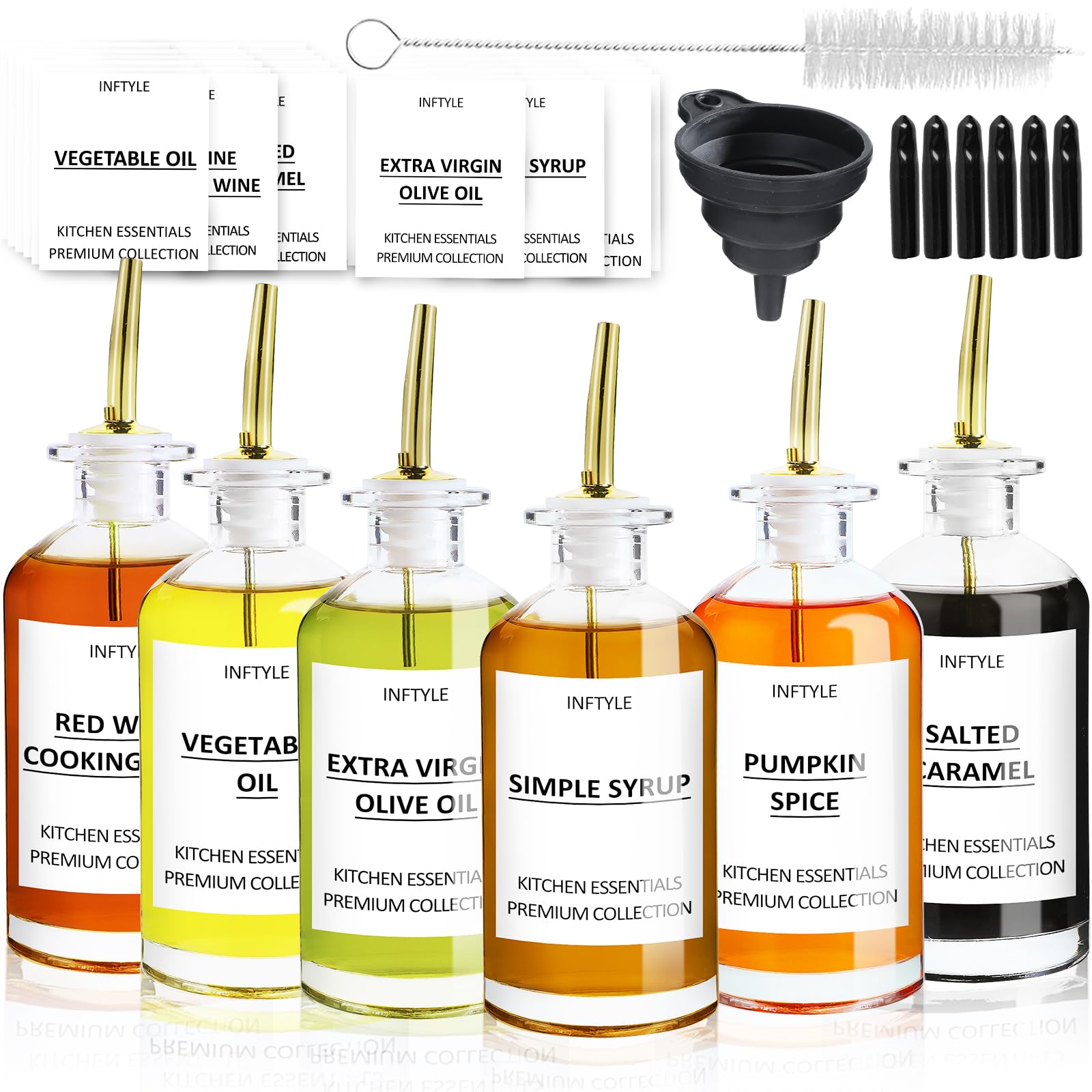 INFTYLE 12oz Olive Oil Dispenser Coffee Syrup Bottles Set of 6, Glass Cooking Oil and Vinegar Bottle Drizzler for Kitchen, Pourer Spout, Funnel, Brush and Labels