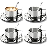 ZENFUN 4 Pack 6.8 oz Coffee Cups Set, 18/8 Stainless Steel Espresso Cup with Saucer and Spoon, Cute Coffee Mugs with Handle, Drinkware Cup for Latte, Cappuccino, Milk, Tea