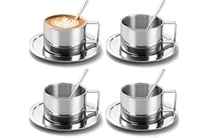 ZENFUN 4 Pack Stainless Steel Coffee Cup Set, 7oz/200ML Double Walled Coffee Mugs Espresso Cups with Saucer and Spoon, Great 