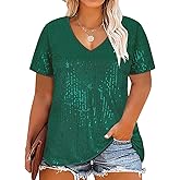CARCOS Plus Size Sequin Top for Women Short Sleeve Party Blouse Evening Sparkle Shimmer V Neck Glitter Shirt Ladies XL-5XL