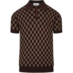 OXKNIT Knit Men's Polo Shirts Short Sleeve Vintage Brown Checkered Pattern Casual Golf Shirt Tops with Quarter Button