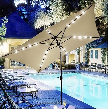Amazon Com Legendary Yes 10x6 5 Feet Solar Patio Umbrella 20 Led Lighted Outdoor Rectangle Table Market Aluminium Umbrella Crank Tilt Beige Garden Outdoor