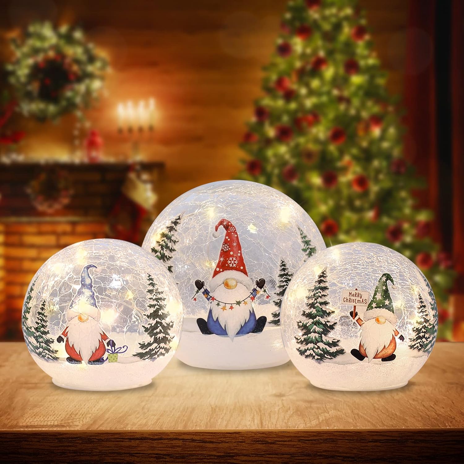 Snow Globes - YEAHOME Christmas Decorations Indoor, 3 Pcs Lighted Gnomes Christmas Snow Globes Home Decor, Christmas Table Decorations LED Crackle Glass Ball with Timer for Living Room Fireplace Tabletop