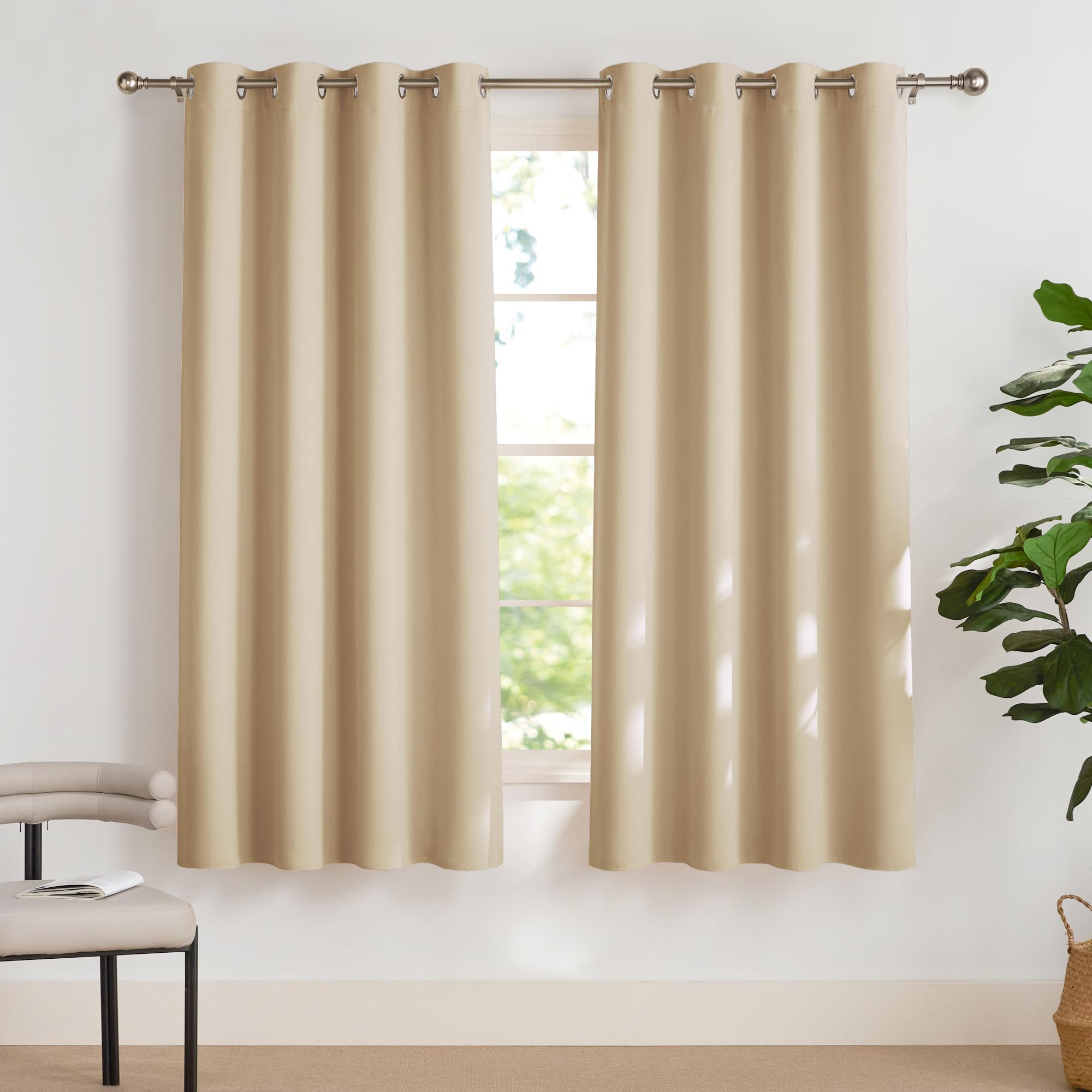 PONY DANCE Eyelet Thermal Beige Curtain with Rings - Energy Saving Privacy Protection Curtains for Room Darken 52 x 63 Inch Short Eyelet Drapes for Kids Nursery, Biscotti Beige, 1 Pair