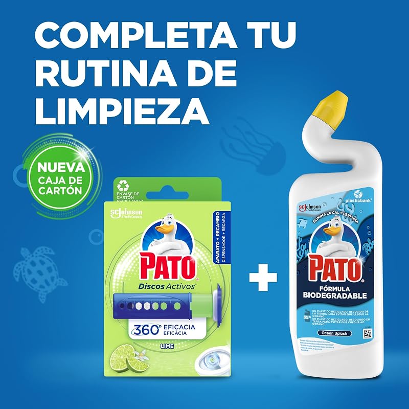 Discos Activos WC Lima, Limpia, Refresca y Perfuma el Inodoro, Eficacia 360°, Pack 1 Aparato + 3 Recambios = 18 discos